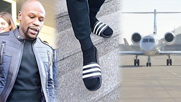 Boks şampiyonu Floyd Mayweather özel jetten terlikle indi