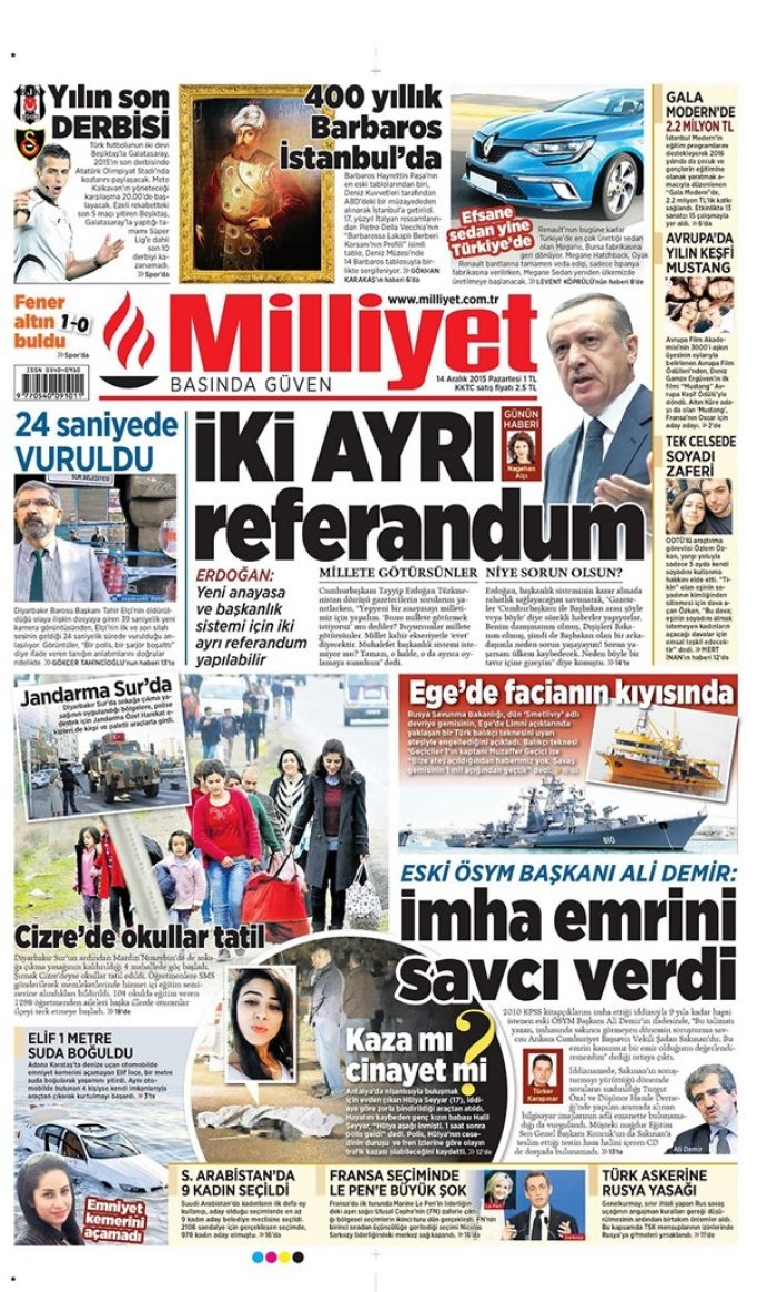 Günün gazete manşetleri - 14 Aralık 2015