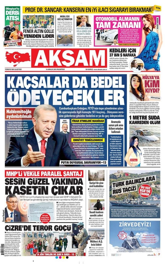 Günün gazete manşetleri - 14 Aralık 2015