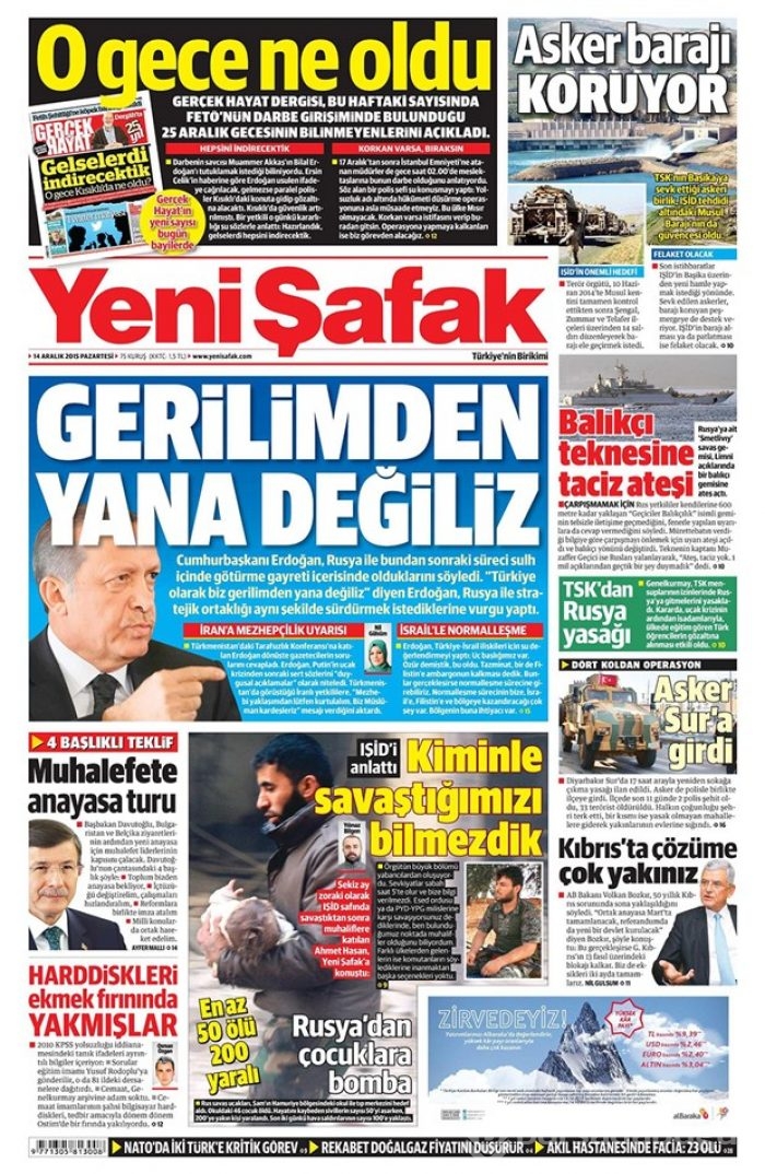 Günün gazete manşetleri - 14 Aralık 2015