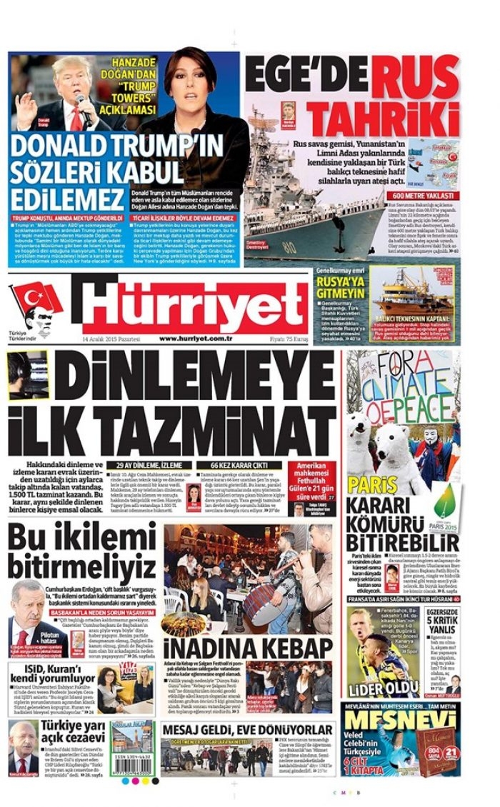 Günün gazete manşetleri - 14 Aralık 2015