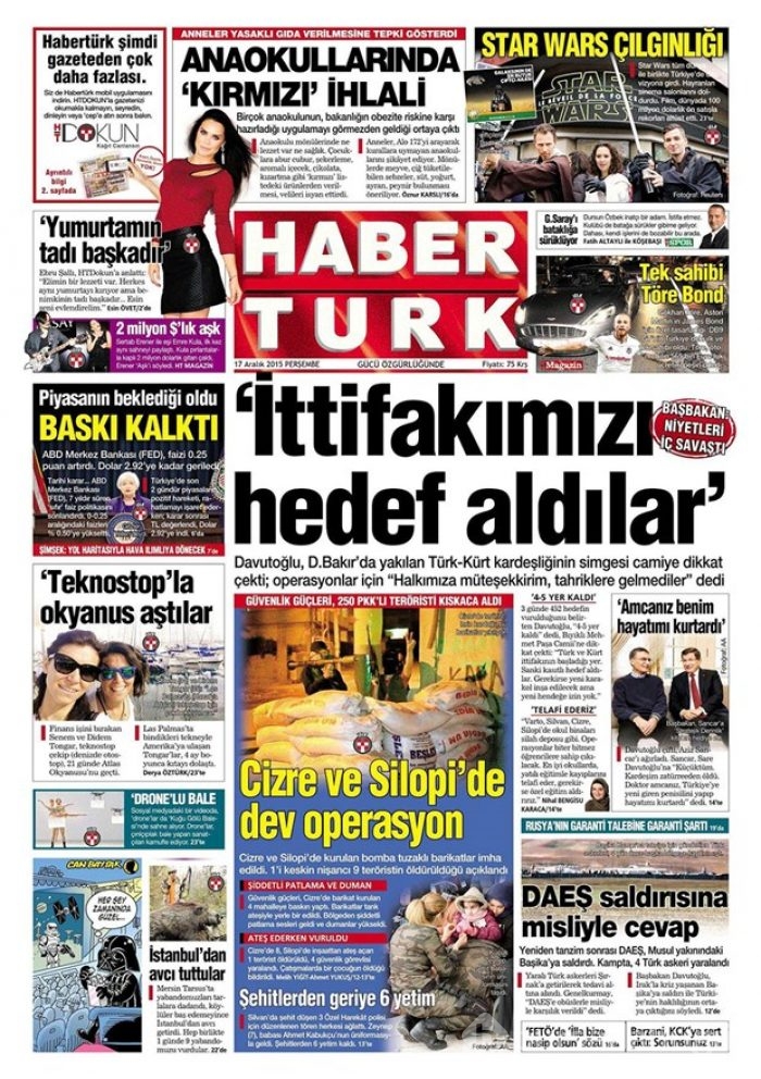 Günün gazete manşetleri  17 Aralık 2015