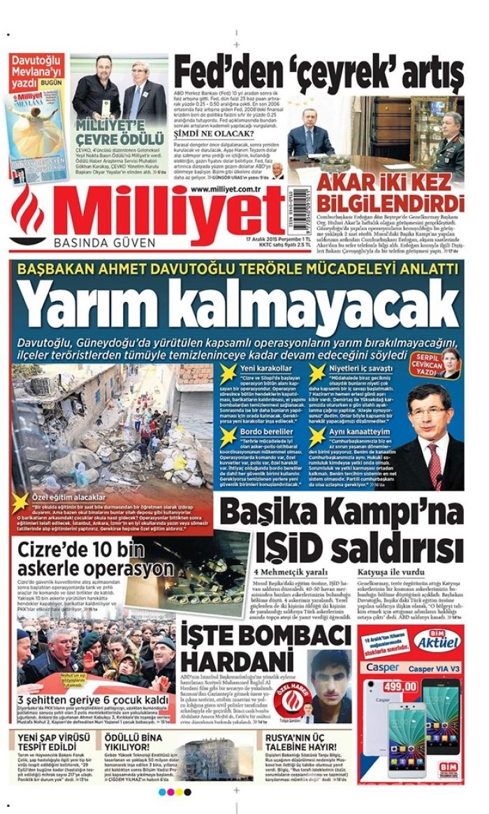 Günün gazete manşetleri  17 Aralık 2015