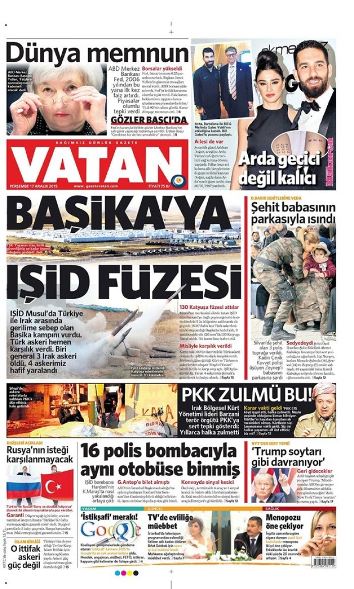Günün gazete manşetleri  17 Aralık 2015
