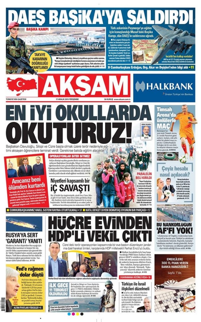 Günün gazete manşetleri  17 Aralık 2015