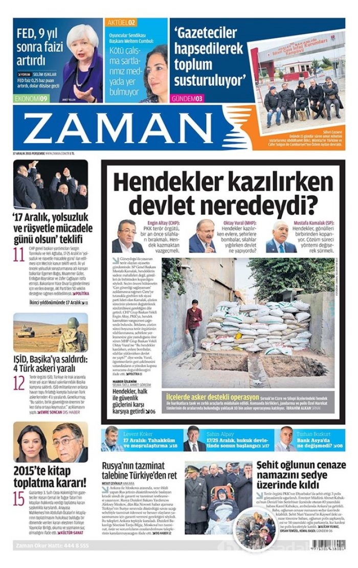 Günün gazete manşetleri  17 Aralık 2015