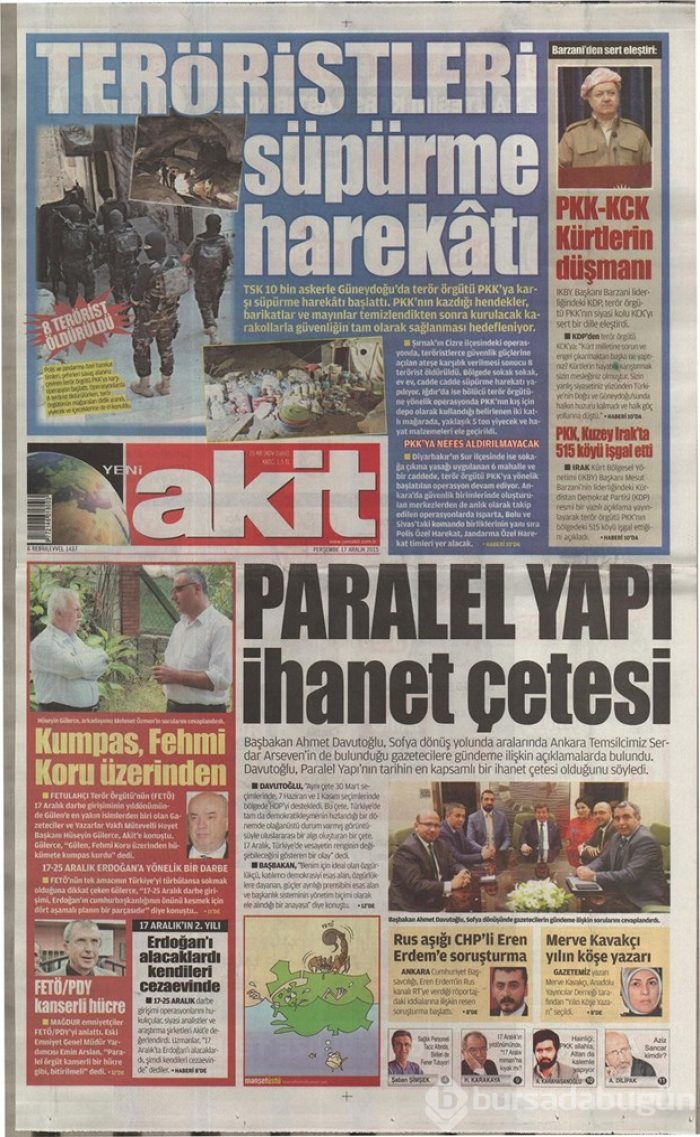 Günün gazete manşetleri  17 Aralık 2015