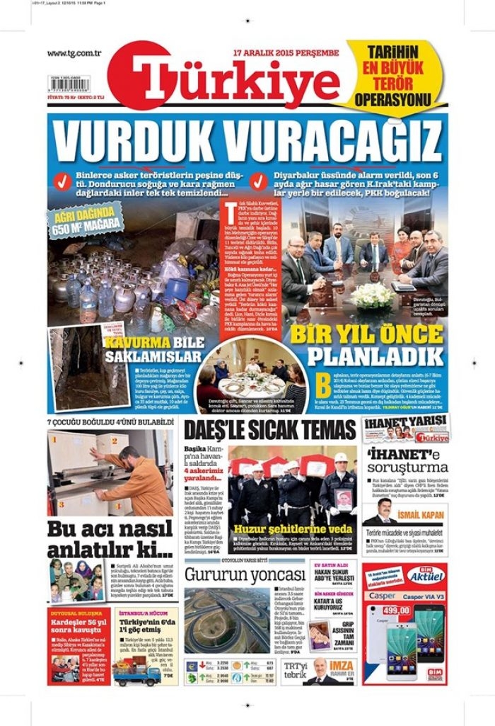 Günün gazete manşetleri  17 Aralık 2015