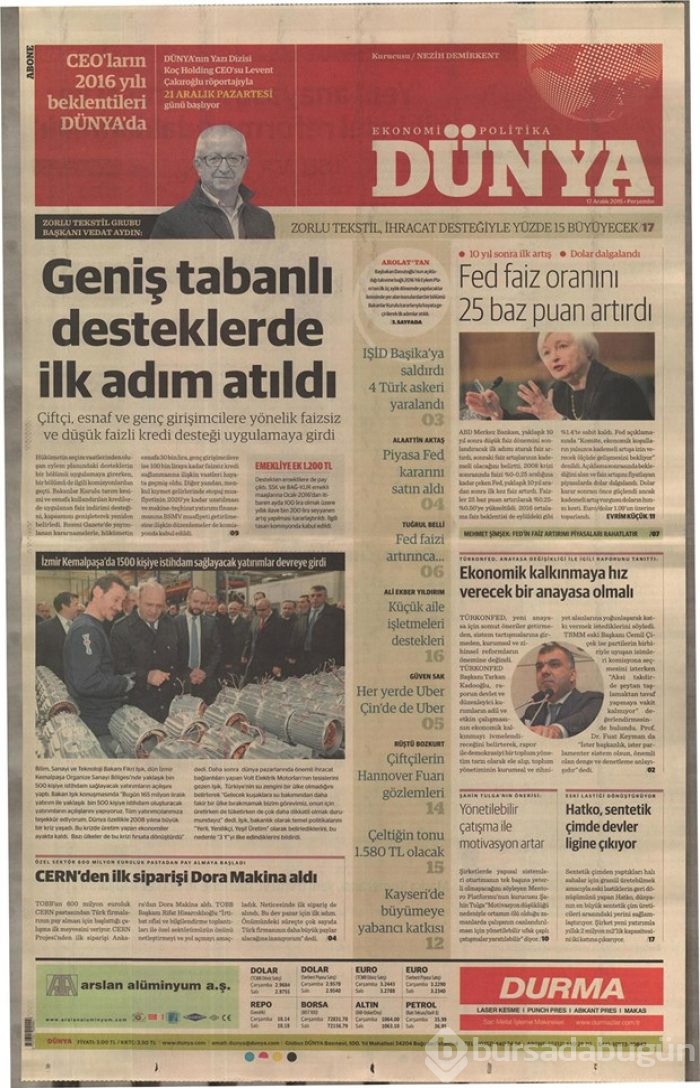 Günün gazete manşetleri  17 Aralık 2015
