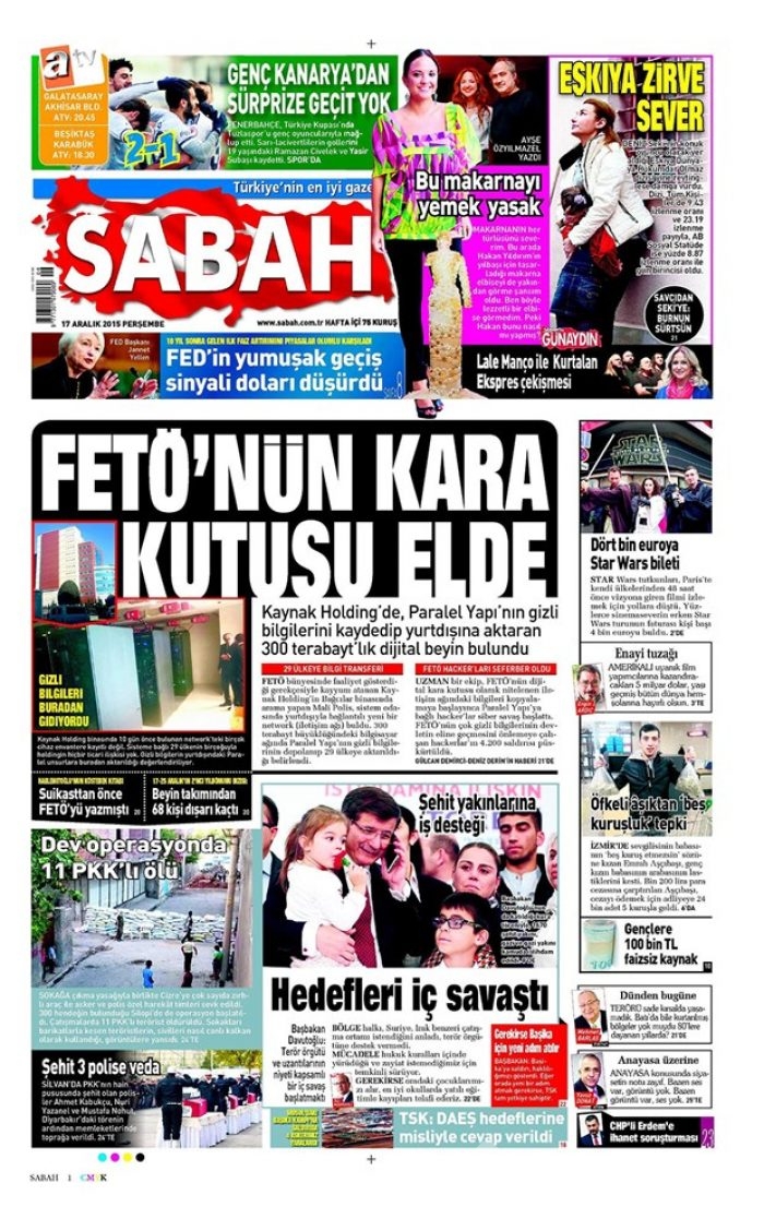 Günün gazete manşetleri  17 Aralık 2015