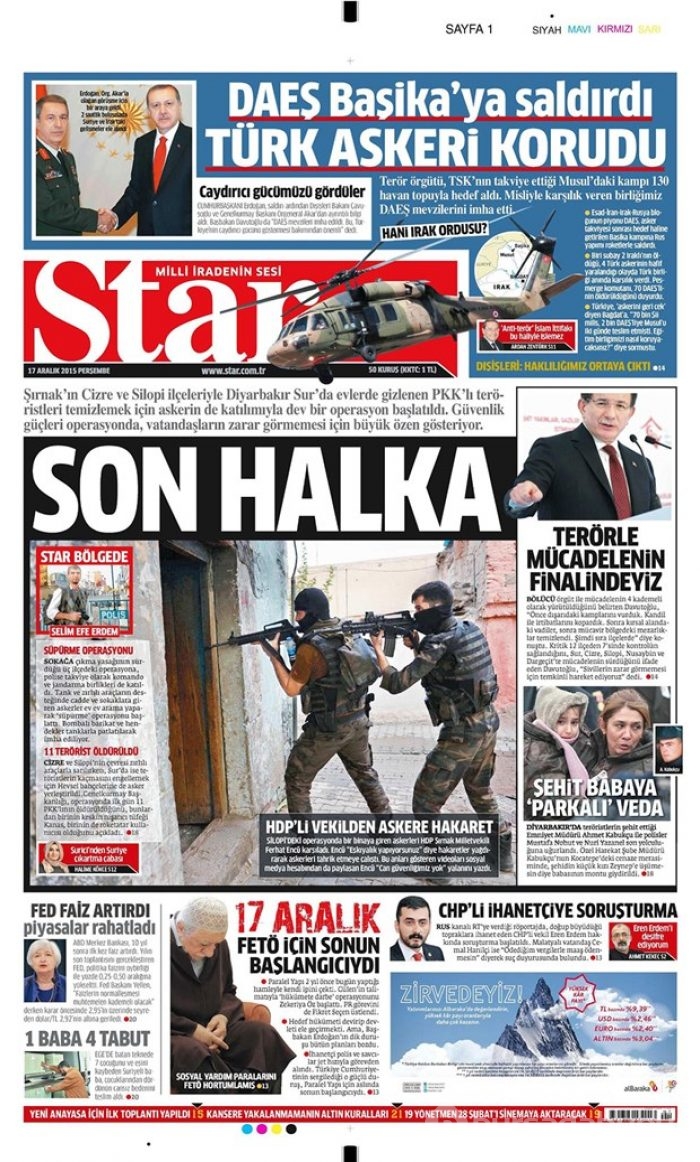 Günün gazete manşetleri  17 Aralık 2015