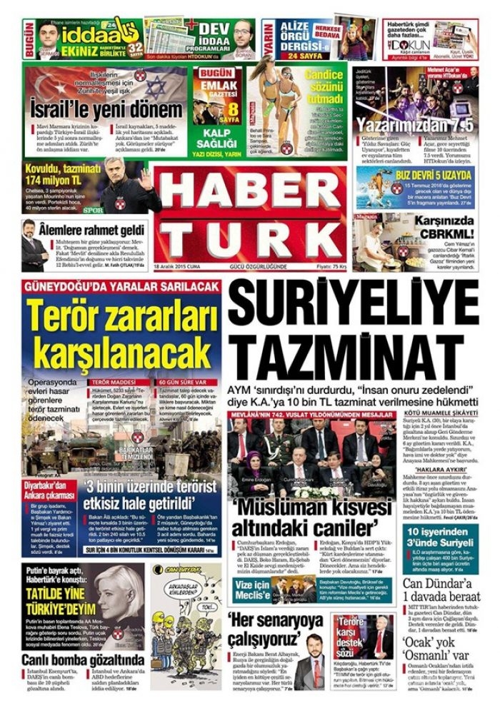 Günün gazete manşetleri 18 Aralık 2015