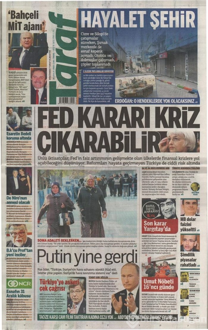 Günün gazete manşetleri 18 Aralık 2015