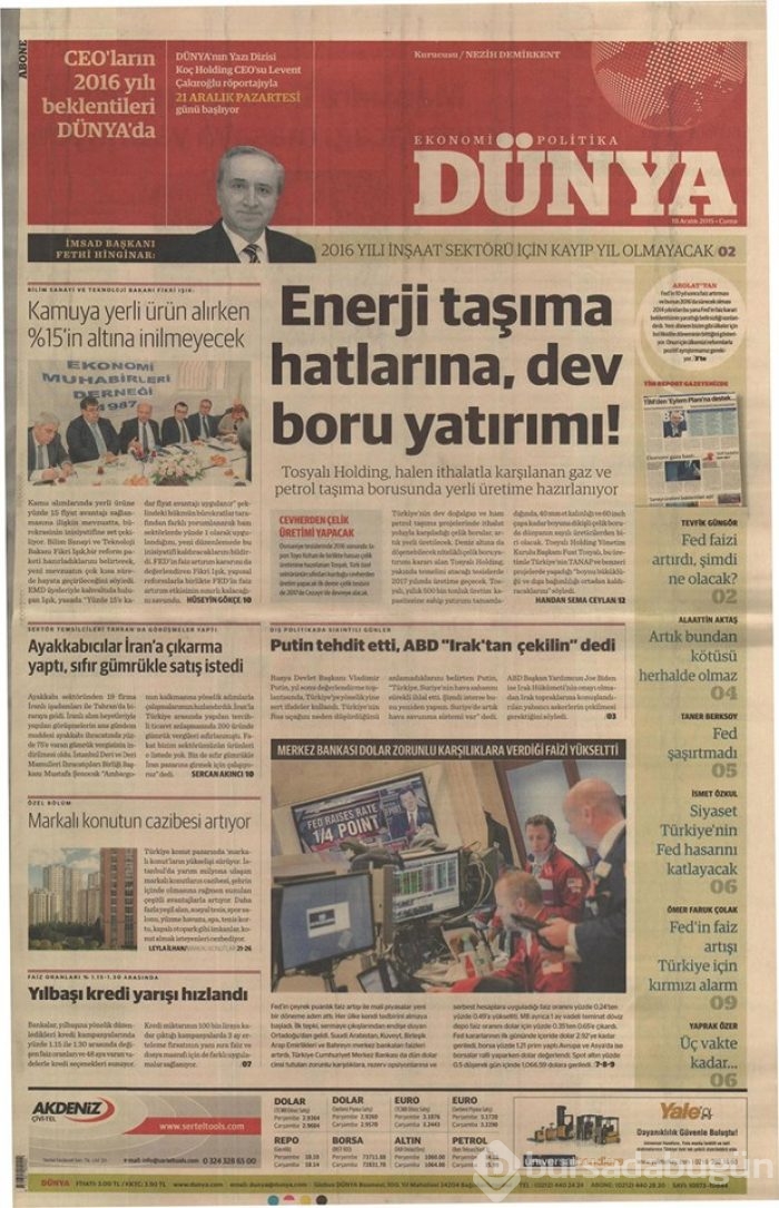 Günün gazete manşetleri 18 Aralık 2015