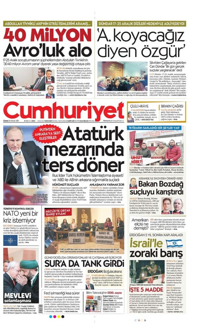 Günün gazete manşetleri 18 Aralık 2015