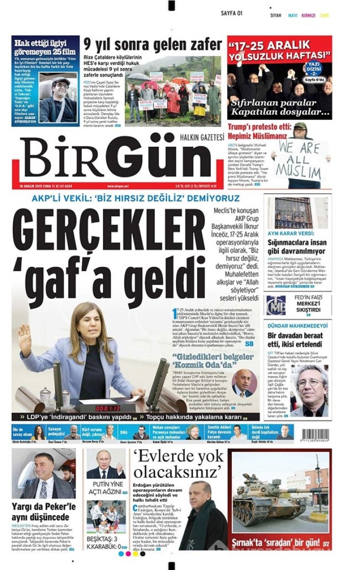 Günün gazete manşetleri 18 Aralık 2015