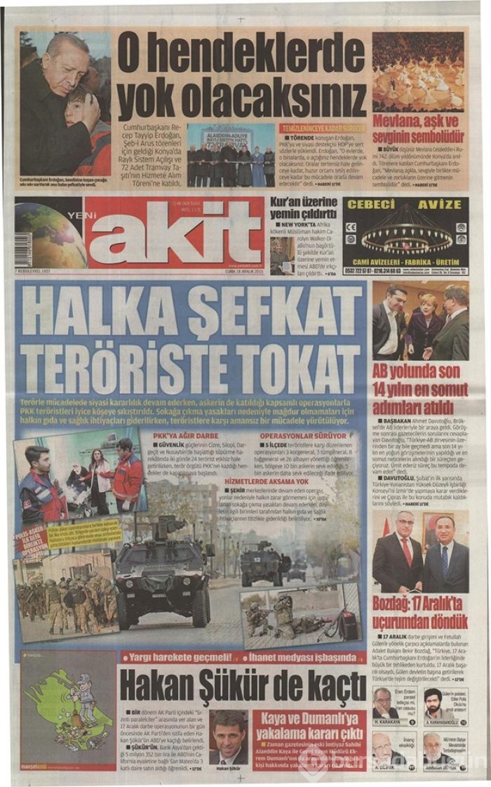 Günün gazete manşetleri 18 Aralık 2015