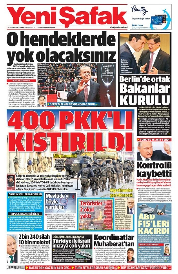 Günün gazete manşetleri 18 Aralık 2015