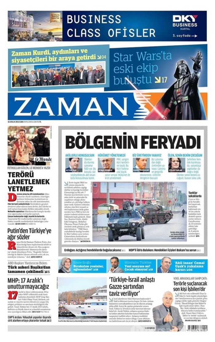 Günün gazete manşetleri 18 Aralık 2015