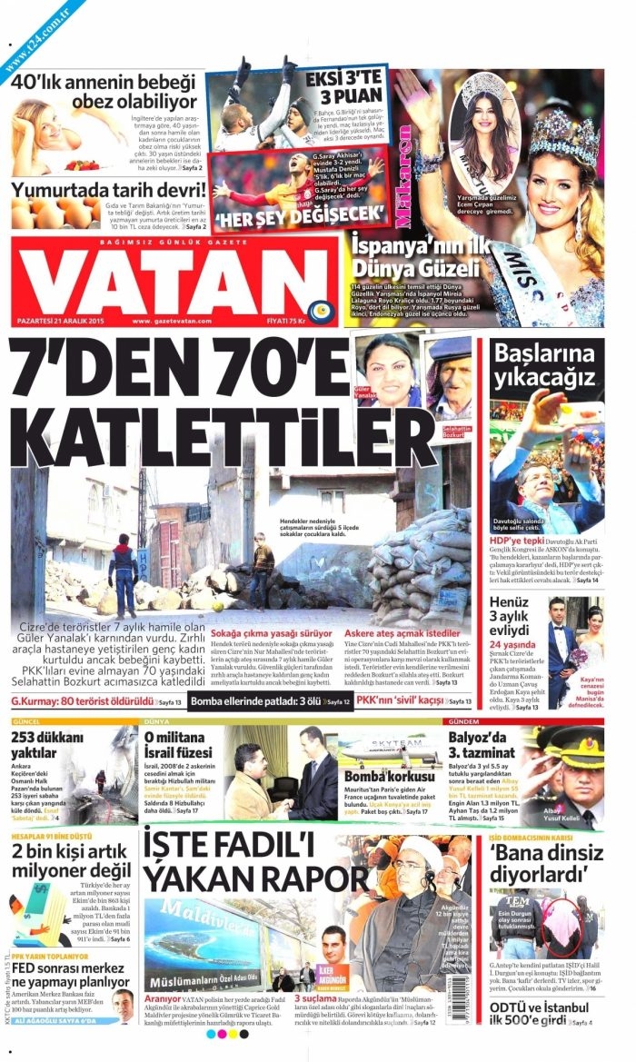 Gazete manşetleri (21 Aralık 2015)
