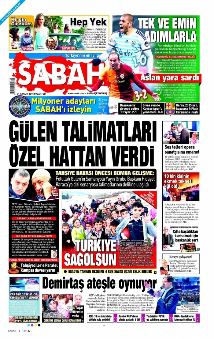 Gazete manşetleri (21 Aralık 2015)