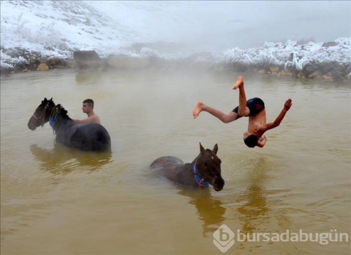 Manda ve atlarını kaplıca suyunda yıkıyorlar
