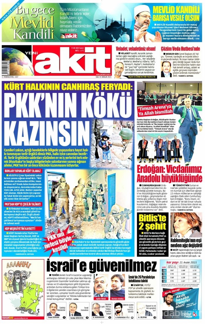 Gazete manşetleri (22 Aralık 2015)
