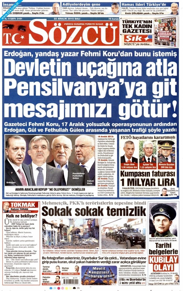 Gazete manşetleri (22 Aralık 2015)