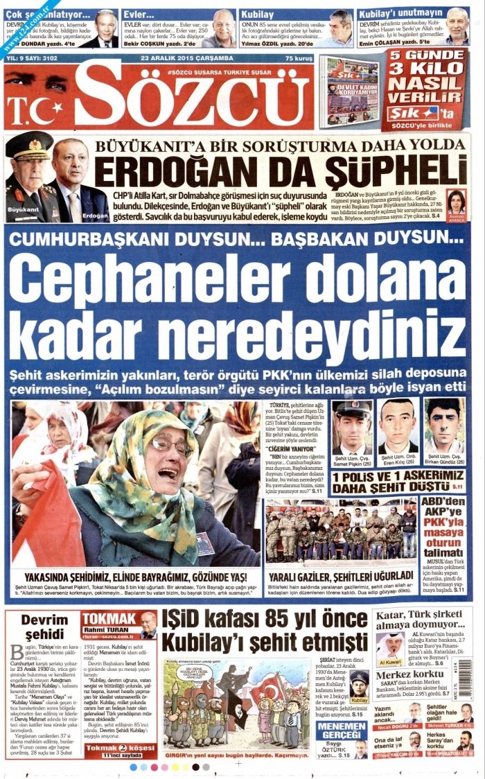 Gazete manşetleri (23 Aralık 2015)