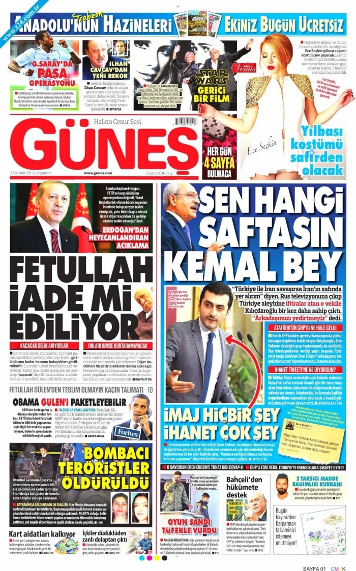 Gazete manşetleri (23 Aralık 2015)
