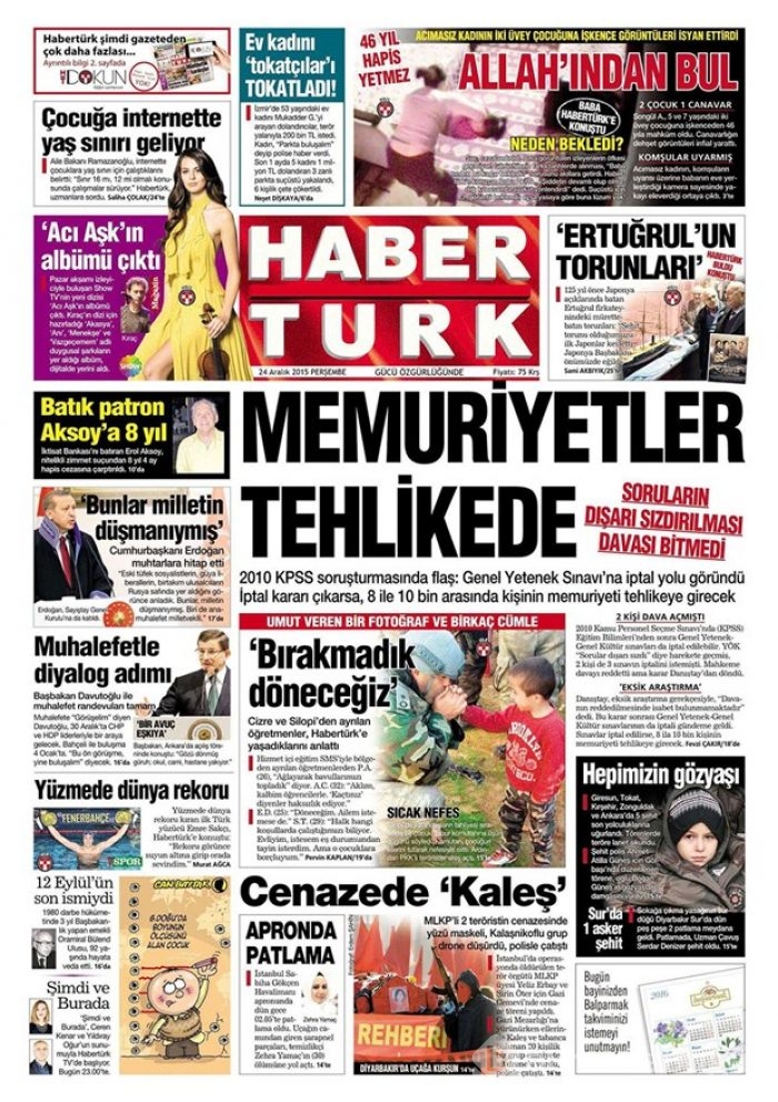 Günün gazete manşetleri 24 Aralık 2015