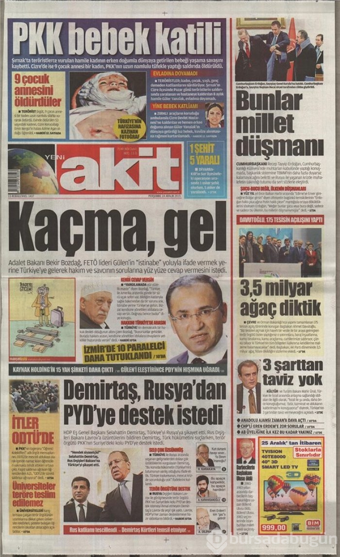 Günün gazete manşetleri 24 Aralık 2015