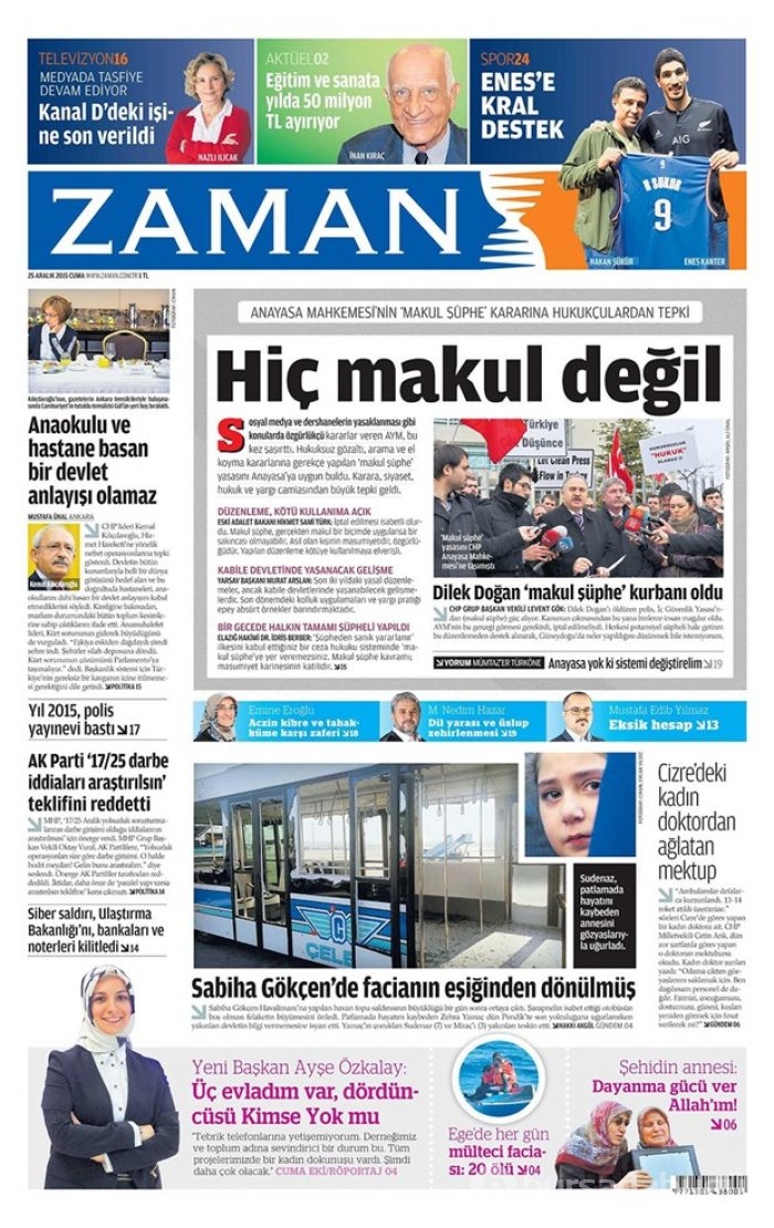 Günün gazete manşetleri 25 Aralık 2015