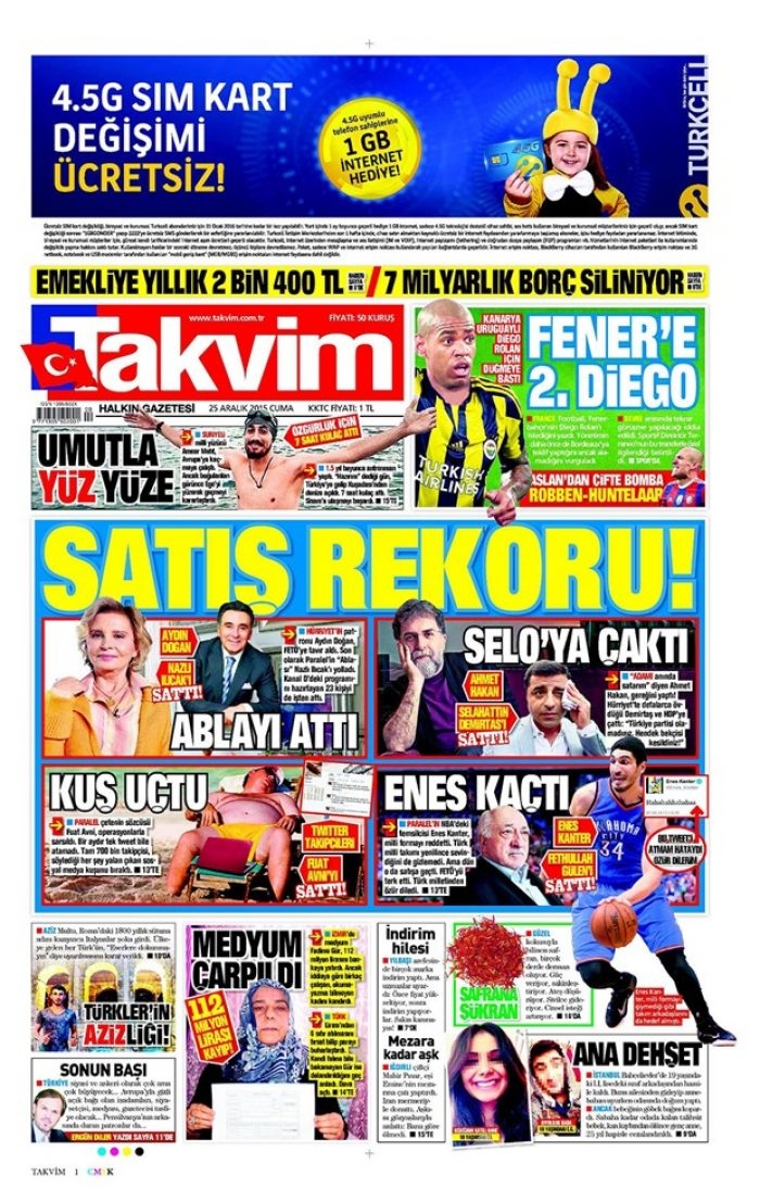Günün gazete manşetleri 25 Aralık 2015