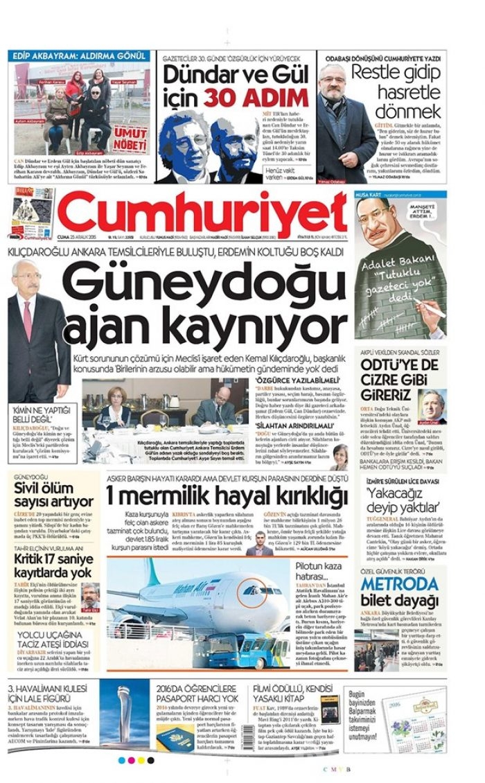 Günün gazete manşetleri 25 Aralık 2015