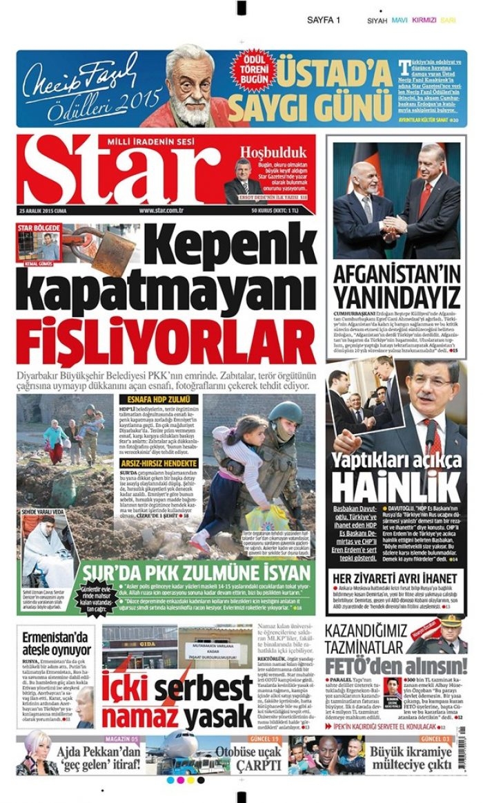 Günün gazete manşetleri 25 Aralık 2015