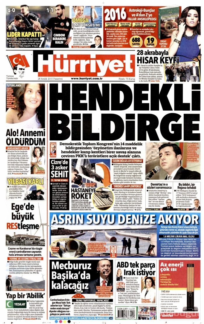 Gazete manşetleri (28 Aralık 2015)