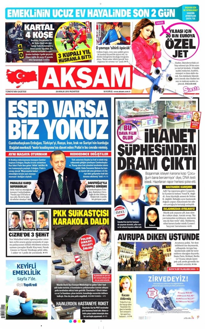 Gazete manşetleri (28 Aralık 2015)