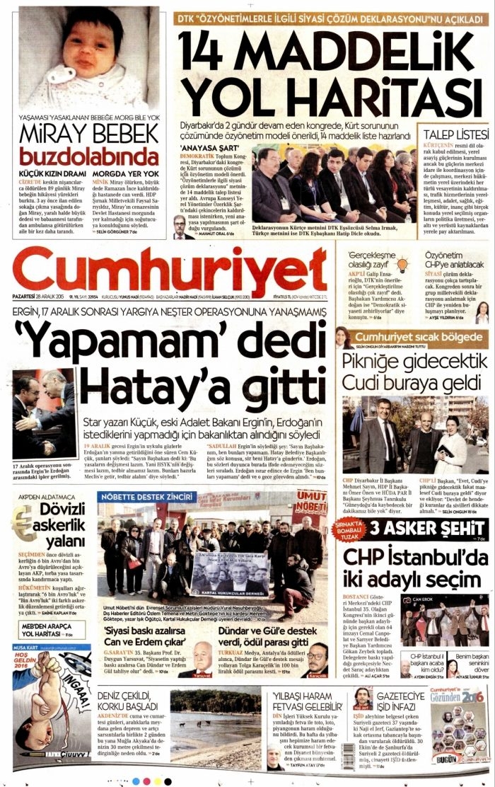Gazete manşetleri (28 Aralık 2015)