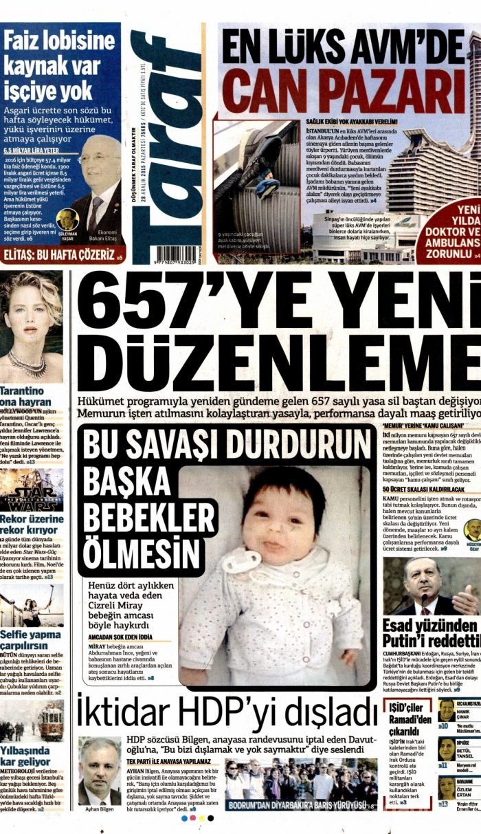 Gazete manşetleri (28 Aralık 2015)