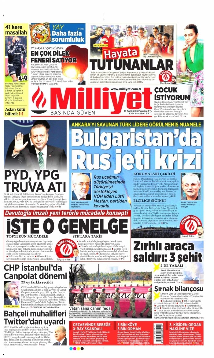 Gazete manşetleri (28 Aralık 2015)