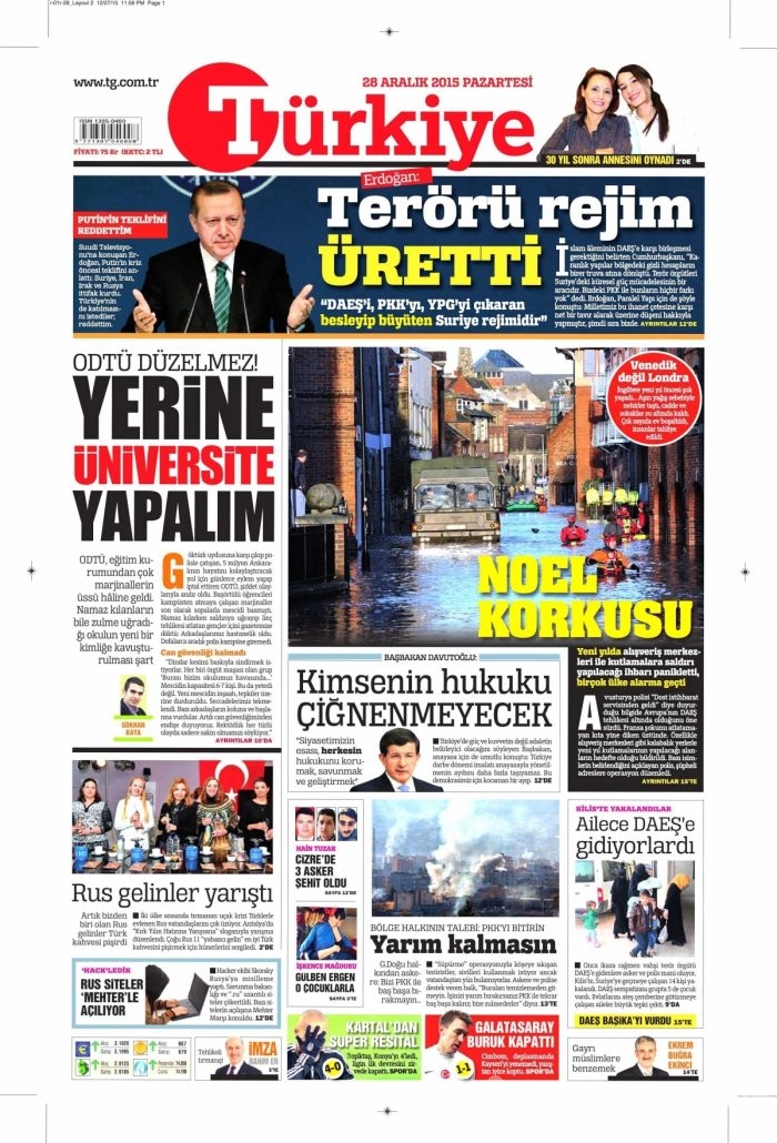 Gazete manşetleri (28 Aralık 2015)