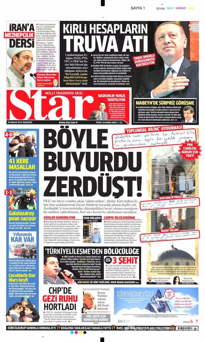 Gazete manşetleri (28 Aralık 2015)