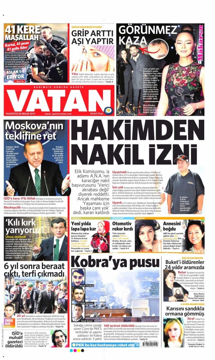 Gazete manşetleri (28 Aralık 2015)