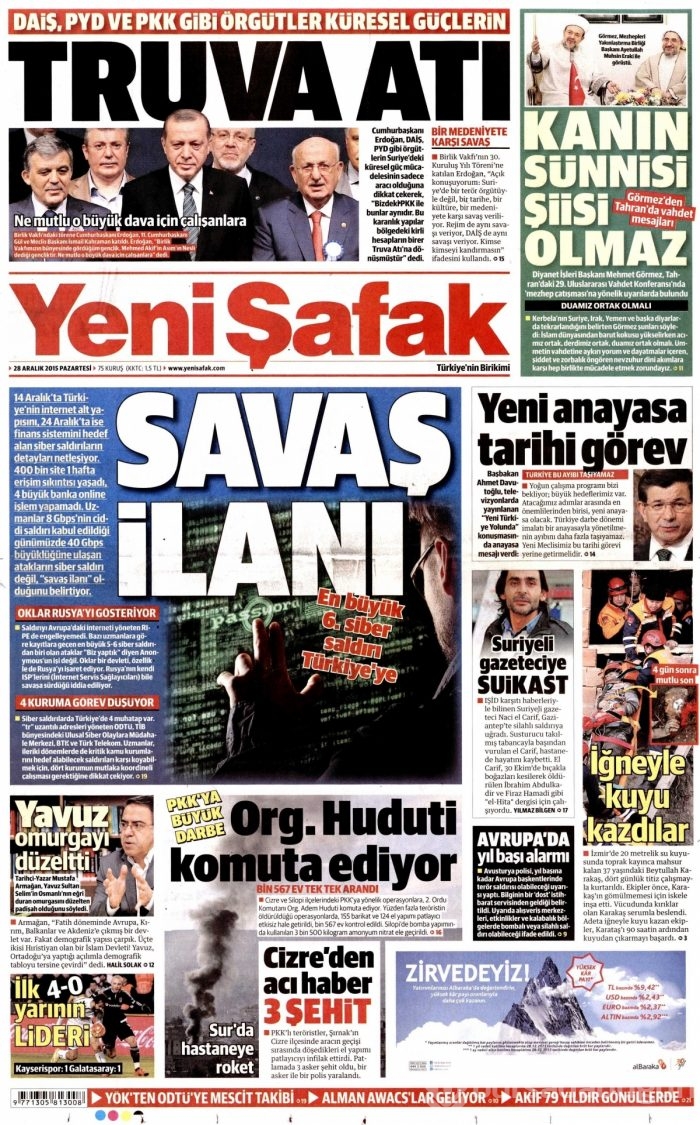 Gazete manşetleri (28 Aralık 2015)