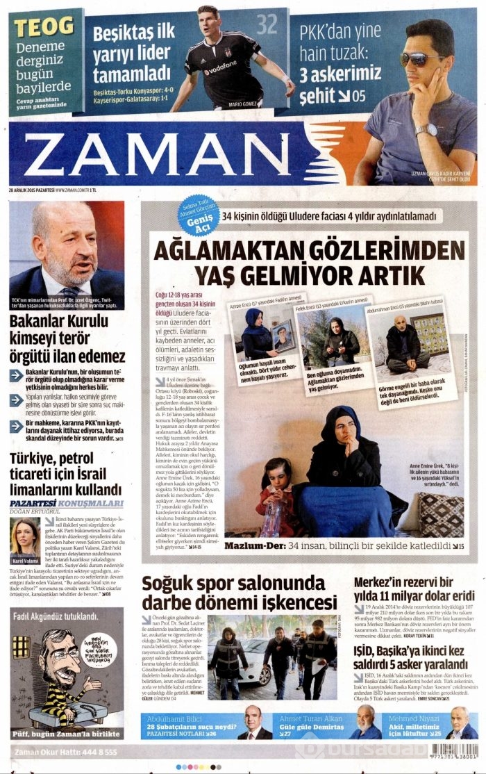 Gazete manşetleri (28 Aralık 2015)