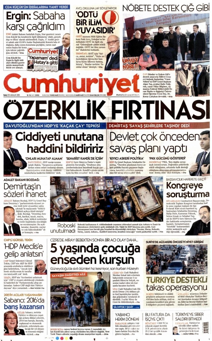 Gazete manşetleri (29 Aralık 2015)