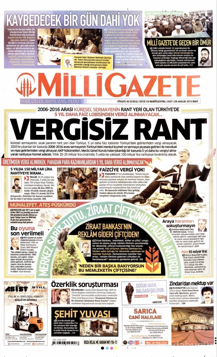 Gazete manşetleri (29 Aralık 2015)