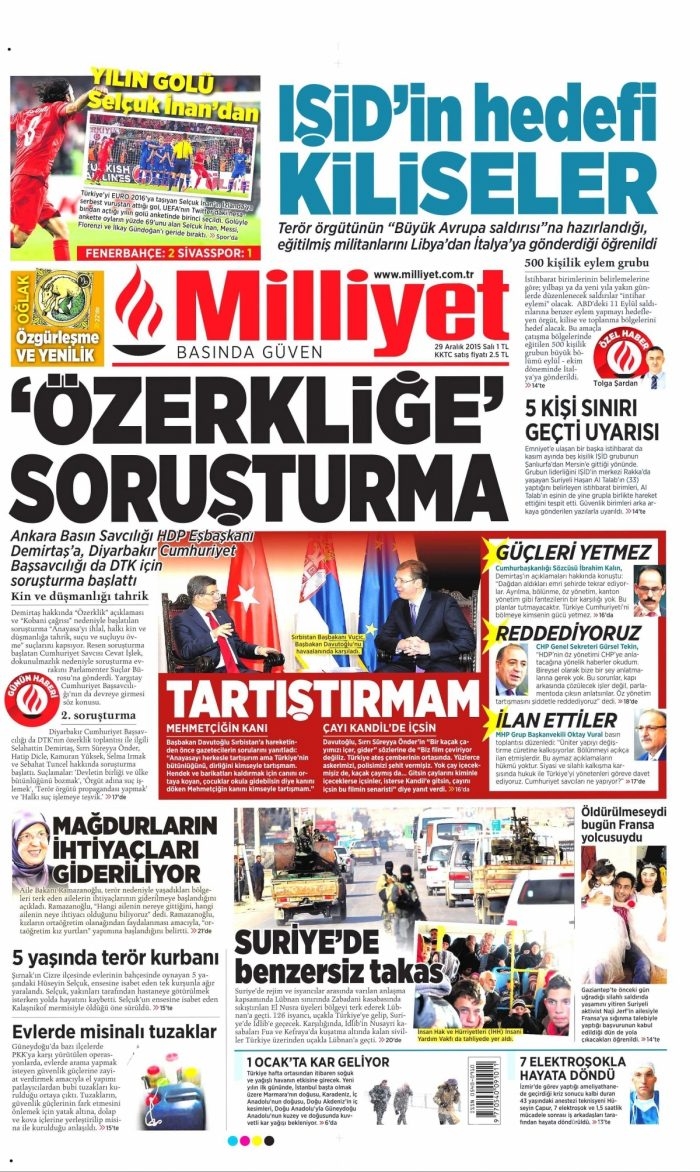 Gazete manşetleri (29 Aralık 2015)