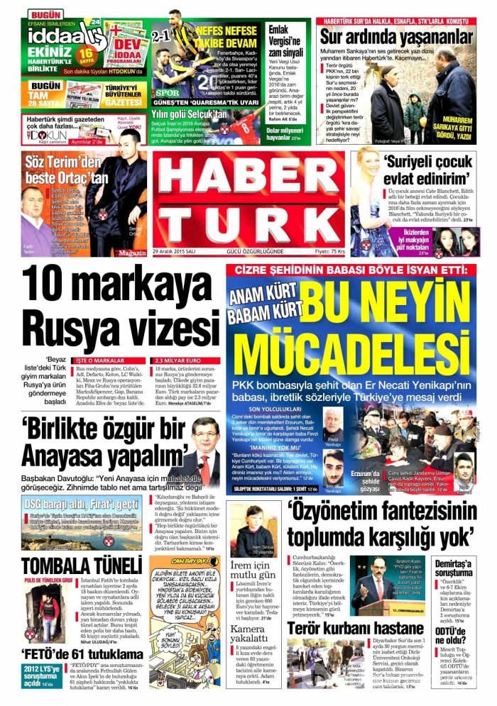 Gazete manşetleri (29 Aralık 2015)